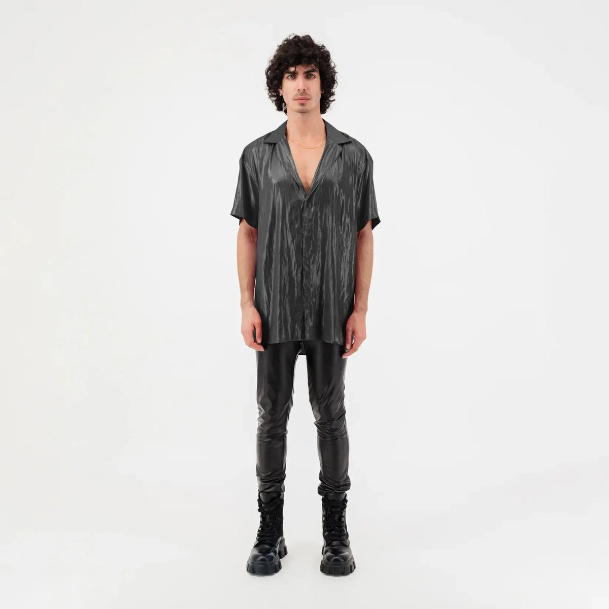Satin Button Up Short Sleeve Shirt