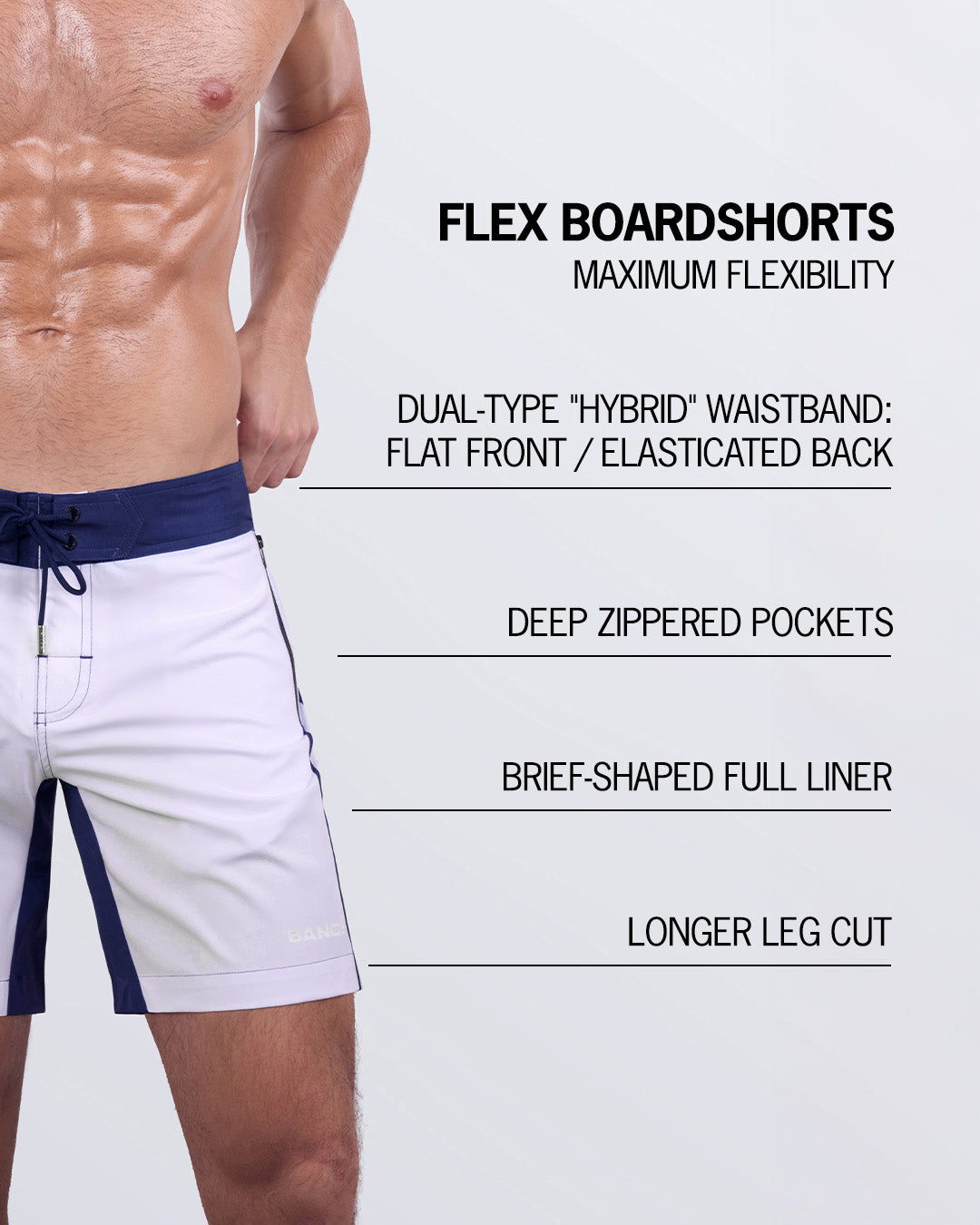 CASINO ROYALE (WHITE + NAVY BLUE) - Flex Boardshorts