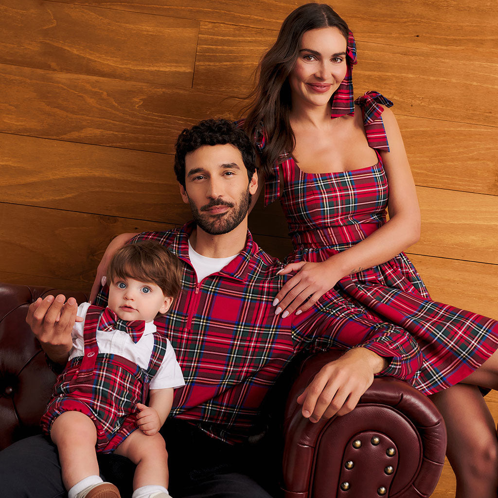Red Tartan Plaid Oxford Collared Bodysuit & Tartan Overall Romper Set
