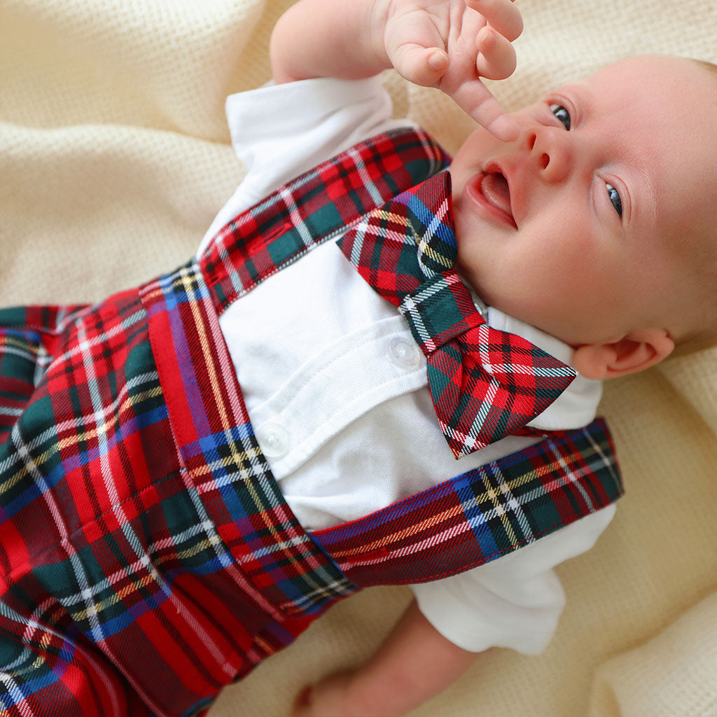 Red Tartan Plaid Oxford Collared Bodysuit & Tartan Overall Romper Set