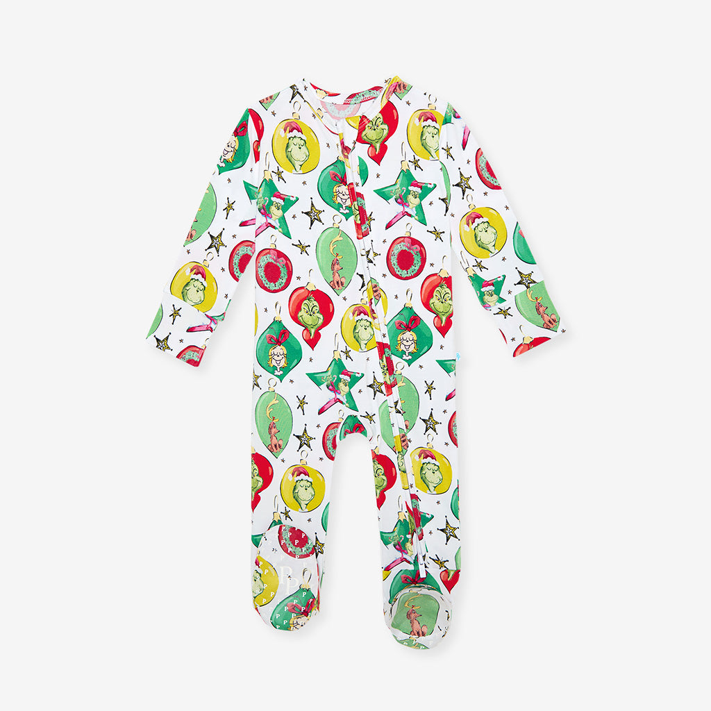 Dr. Seuss Grinchmas Ornaments Footie Zippered One Piece